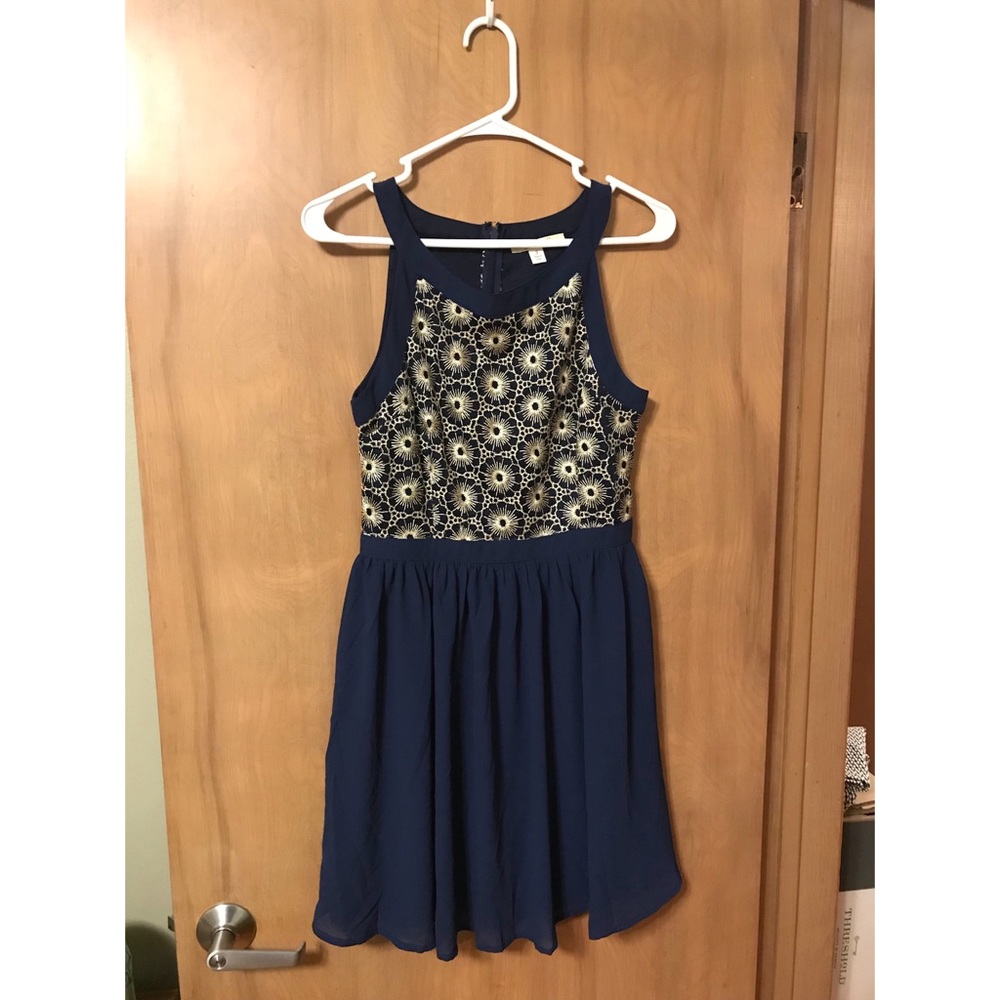 Navy chiffon dress with silver accents